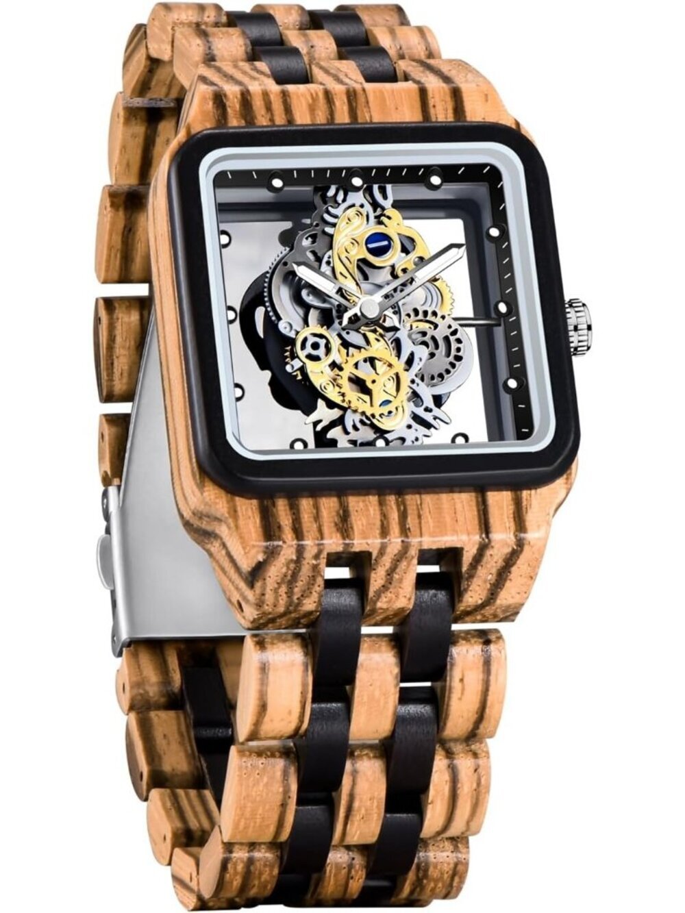 Men's Brown Square Skeleton Buckle Analog Quartz Classic Walking Wooden Watch